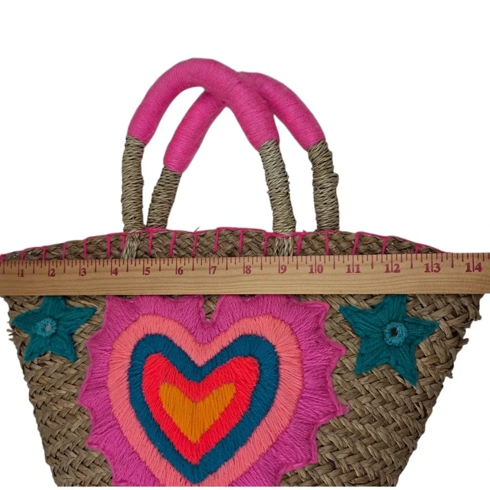 Handmade Straw Heart Medium Tote Bag Pink Boho Beachy Woven Summer Purse